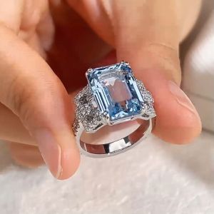 Messi Jewelry CVD Emerald Cut Lab Grown Aquamarine 10CT Solitaire PT950 Ring Custom Jewelry MSR-1691