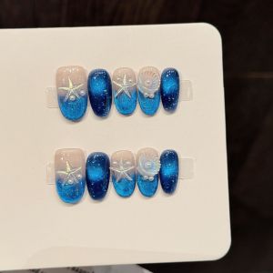 10pcs Handmade Fake Nails Short Oval Blue Starfish Shell Press On Nails False Nails French Ocean Style Design With 4-PIECE Tool