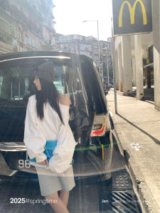 Sunoneone White Loose Shoulder Sweatshirt Womens Fall Thin Outerwear American Style Shoulder Bared Long Sleeve T-shirt Top