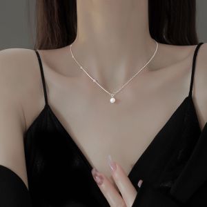 925 Sterling Silver Natural Pearl Necklace Womens Simple Versatile Fashionable Lockbone Chain Jewelry Fresh 2023 Style