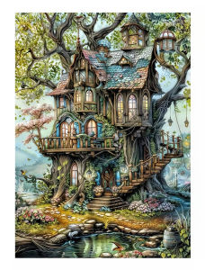 1000pcs Enchanted Treehouse Puzzle - Whimsical Fairy Tale House with Lush Greenery Vibrant Colors High-Quality Printed Artwork