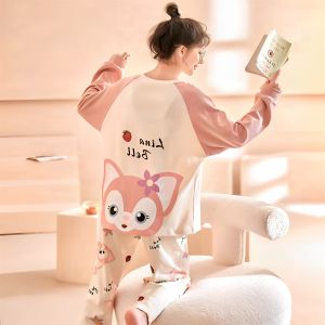 Autumn Spring Long Sleeve Womens Sleepwear Thin Home Clothes Set Cute Cartoon External Wear round Neck Cotton Pure Fabric