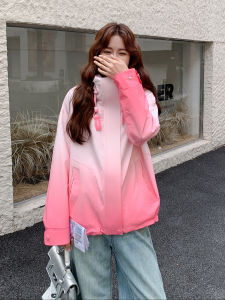 Gradient Color Hooded Jacket Womens Fashion Sporty Coat Casual Style Zipper Closure Long Sleeve Polyester Fiber Outerwear
