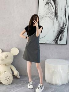 ชุดเดรสยาวทรงเอคอตั้งแขนสั้นผ้าโพลีเอสเตอร์สไตล์เกาหลีฤดูร้อน ชุดเดรสยาวทรงเอเอวสูงสำหรับผู้หญิงไซส์ใหญ่