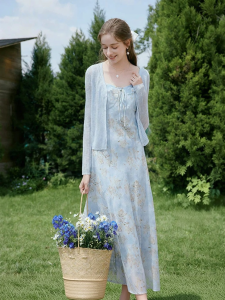 XIANGYING | Blue Print Knit Summer Autumn New Dress Set