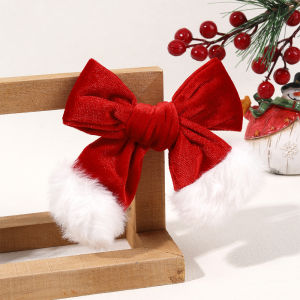 Red Velvet Christmas Bow Hair Clips With White Furry Accents Holiday Hair Decor New Year Party Hair Accessories For Kids Girls