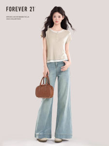 Forever 21 High Waist Wide Leg Blue Jeans Womens Spring Pear Shape Slimming Small Size Draping Floor-Length Pants