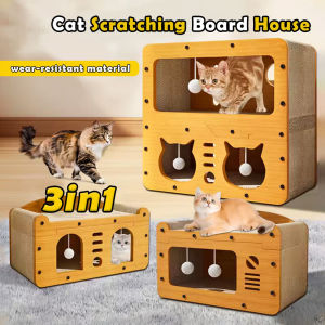 Large Wooden Cat House with Scratcher Double Layer Cat Villa Bed Funny Scratching Board Pad Kitten Rest Cabin