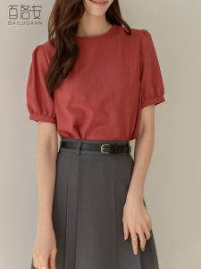 BAILUOANN | Bailuan Casual Loose Short Sleeve Round Neck Shirt Womens Summer Fashion Versatile Straight Cut Bubble Sleeve Solid Color Top