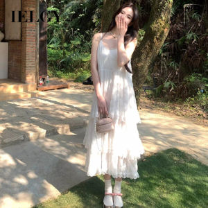 IELGY เค้กลูกไม้ของผู้หญิงเอี๊ยมกระโปรงขาวเดรสยาววันหยุดริมทะเล