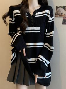 Womens V-neck Long Sleeve Knitted Sweater plus Size Inner Wear Slimming Mid-length Cover Butt Top Early Autumn Striped