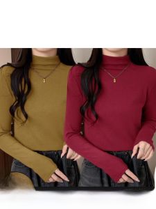 เสื้อยืดคอปกสูงทรงสลิมฟิตสำหรับผู้หญิง เสื้อเชิ้ตแขนยาวทรงสลิมฟิตสำหรับฤดูใบไม้ร่วงและฤดูหนาว เสื้อชั้นในแบบสวมสบาย ผ้าโพลีเอสเตอร์ผสม