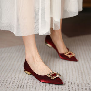 Red Wedding Shoes Low Heel High Heel Maternity Comfortable Chinese Style Bridal Footwear Fashionable Korean Diamond Embellished Slip-On