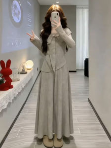 PEIZIXUAN | Elegant French Style Grey Knitted Dress Set Womens