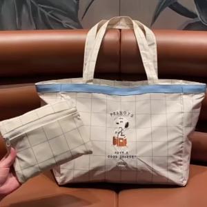 Japanese Style Cute Dog Cartoon Embroidered Travel Bag Foldable Portable Shoulder Duffle Fits Luggage Trolley Handle for Short Trips