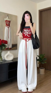 🎀 Áo Hai Dây Nữ Camisole Có Mút Ngực Sẵn Màu Đỏ Đô Phối Denim In Chữ – Áo Ôm Body Cá Tính Tôn Dáng 🎀