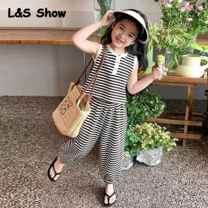 LS Show Childrens T-shirt Summer Sleeveless Two-piece Set of Lantern Mosquito Repellent Pants Set for Girls Striped Childrens Summer Clothing