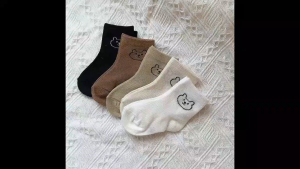 5 Pairs Baby Socks Infant Cartoon Solid Color Soft Cartoon Bear Soft Comfortable Fashionable And Comfortable Mid-Calf Socks For Daily Life