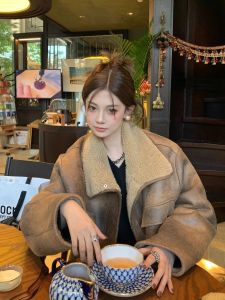 Fur Integrated Lamb Fur Outwear Womens Fall and Winter Thickened New Maillard Motorcycle Clothing Double-Sided Suede Distressed