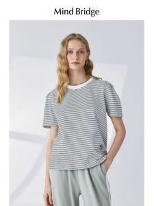 Slimming Stripe T-Shirt Mind Bridge Womens Loose Fit Short Sleeve Simple Design round Neck Cotton Blend Summer Top