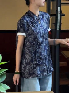 UYFY | Blue Floral Print Short Sleeve Shirt Womens Commute Fashionable Loose Fit Summer New Style Chinese Button Stand Collar Top