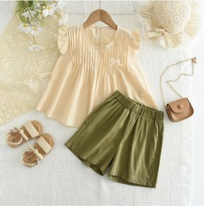 Menoea màu trơn cô gái thiết lập mùa hè Bow gấp T-Shirt + quần short Bộ vest 2 mảnh (gồm áo ngoài và quần âu) cho trẻ em của 3-7 năm mặc giản dị