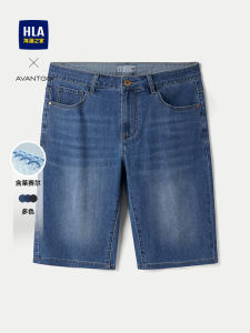 กางเกงขาสั้นทรงตรงเอวกลางผ้าเดนิมผสมลินินสำหรับผู้ชาย HLA ฤดูใบไม้ผลิและฤดูร้อน กางเกงขาสั้นทรงธุรกิจแบบลำลอง