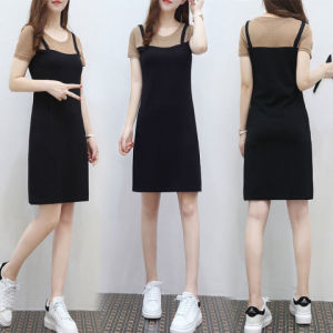 2025 New Womens Midi Dress Fake Two-Piece Set Summer Korean Style Slimming Strap Dress Elegant Skirt Wool Blend Material