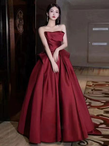 Bride-to-be Satin Gown with Belt Slimming French Evening Dress Princess Skirt Long Sleeve KTV Wedding Party Performance Womens Fashion