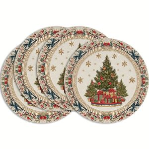 VIKAMA 4-Piece Christmas Floral Placemats Christmas Tree Bow Floral Home Banquet Theme Restaurant Table Decor and Accessories