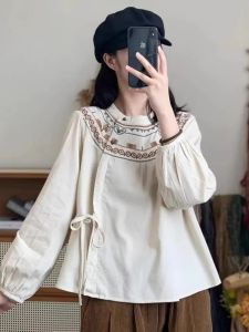 Casual Ethnic Style Shirt Womens Early Autumn New Artistic Retro Embroidery Loose Cotton Linen Belted Top Trendy round Neck Nine Sleeve