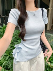 French Style Pure Cotton Short Sleeve T-Shirt Womens Summer Gathered Waist Slimming Top Asymmetrical Hem Ruffle Detail