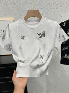 Elegant White Short Sleeve T-Shirt Womens Summer Design Heavy Embroidery Butterfly Knot Unique Special Belly Button Exposure Short Top