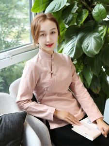 Long Sleeve Cheongsam Top Womens Tang Suit Style Spring Autumn Tea Ceremony Artistic Floral Lining Button Detail Retro Womens Wear