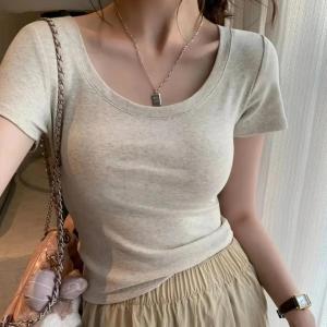 Áo Thun Cotton Cổ Tròn Tay Ngắn Màu Trơn Thiết Kế Đơn Giản Cho Nữ Mùa Thu Đông Thường Ngày Dáng Ôm Vừa Vặn Cổ Chữ U