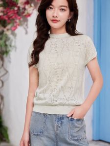 WANGGONGZHU | Ice Silk Hollow Knitted Top Women Summer Thin New Design Sensation Tencel Short Sleeve Fashionable Round Neck Pullover T-Shirt