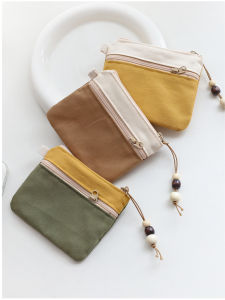Mini Canvas Zipper Wallet Multi-Layer Card Key Coin Purse Simple Color Art Japanese Style Youth Fashion Small Bag