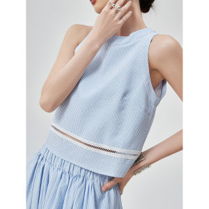 XIAODADEHUA | Blue and White Stripes Nautical Lace Hollow Out Korean Style High-end Loose Two Piece Set