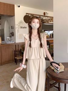 Denim Casual Wear Flying Sleeve Short Baby Shirt Top High Waist Casual Loose Pants Womens Summer New Fashion Outfit