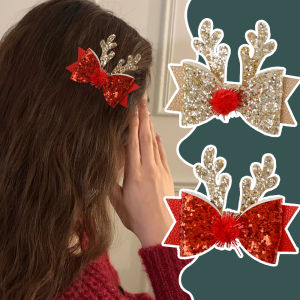 【Free Shipping】Cute Antlers Bow Hair Clip for Women Girls Kids Glitter Bow Hairpins Christmas Hair Accessories
