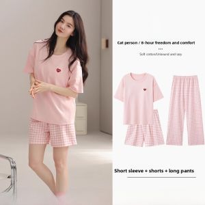 MiiOW | Pure Cotton Summer Sleepwear Womens Loose Short Sleeve Home Clothes Three-Piece Set Comfortable Breathable Lightweight Set