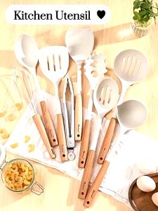 DELANOVA Non Stick Kitchen Utensil Cookware Silicone Wooden Handle Cooking Tool