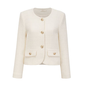 Ms.Daoge French Vintage Short Woolen White Outerwear Elegant Womens Spring Autumn Fashionable Coat Straight Cut Button Detail