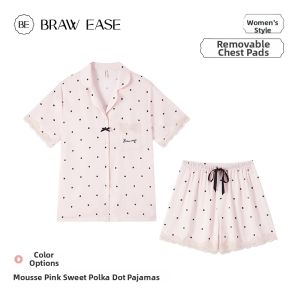 BE | Ice Silk Padded Short Sleeve Shorts Lace Trimmed Womens Pajama Set