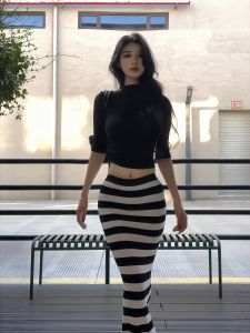 NINGXI | American Spicy Style Mid-sleeve Half-high Neck Short Top Stripe Bodycon Long Skirt Two-piece Set
