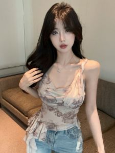 GUZILIAN | Tie Dye Patchwork Halter Neck Print Asymmetrical Knot Slim Fit Design Summer New Style Vintage Elegant Top Korean Style Short