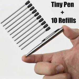 Portable Twist Tiny Ballpoint Pen Set Pocket-Sized Pen + 10 Black/Blue Ink Refills 0.7mm Point Metal Pocket Ballpen Travel Daily