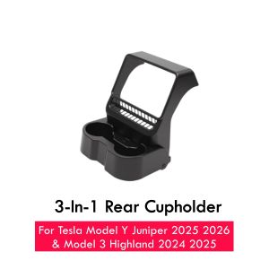 3-In-1 Design Rear Seat Cup Holder Organizer For Tesla Model Y Juniper 2025+ & Model 3 Highland 2024+ Retractable and Foldable