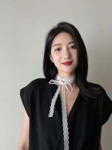 Spring Summer Versatile Long Lace Scarf Necklace Layering Design Neck Strap Decorative Pure Color Rectangular Silk Scarf for Women