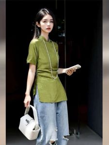 Green Cheongsam Short Sleeve Shirt Womens New Chinese Style Sòngjǐn Waist-Cut Design Summer Fashionable Inner Wear Top